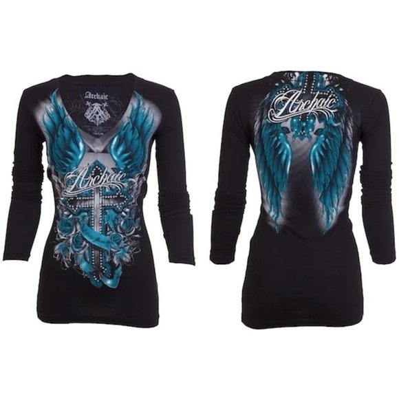 Archaic Affliction Women's T-Shirt Long Sleeve ROSEMARY Tattoo Biker Black Teal - Picture 1 of 7